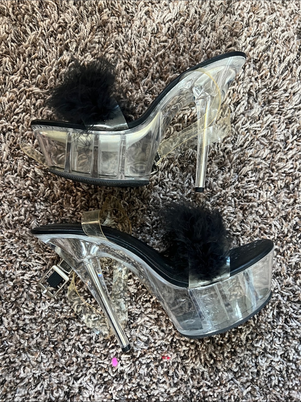 🆕 Clear Platform Heels with Black Feather Accent